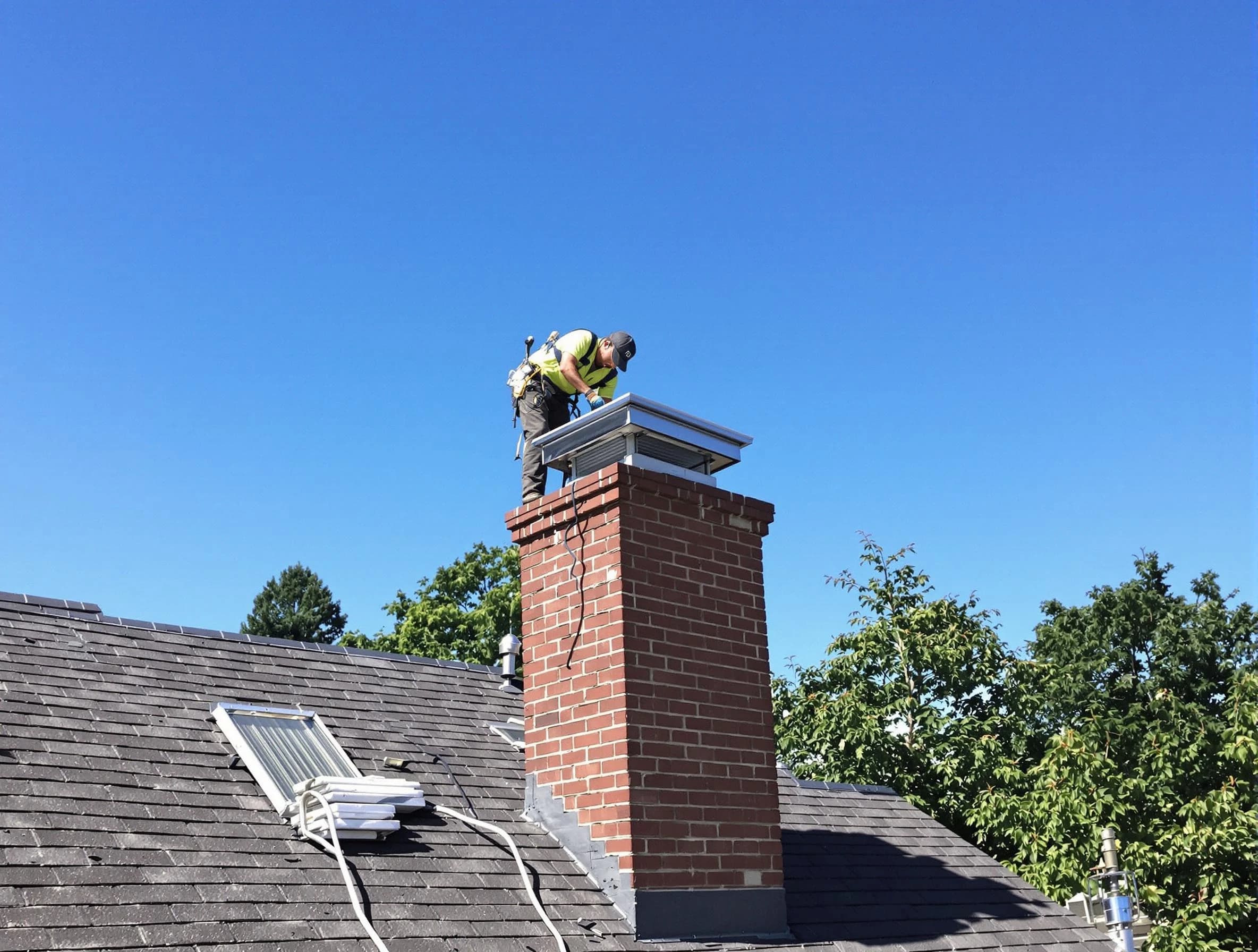 Carnegie Chimney Sweep technician measuring a chimney cap in Carnegie, PA